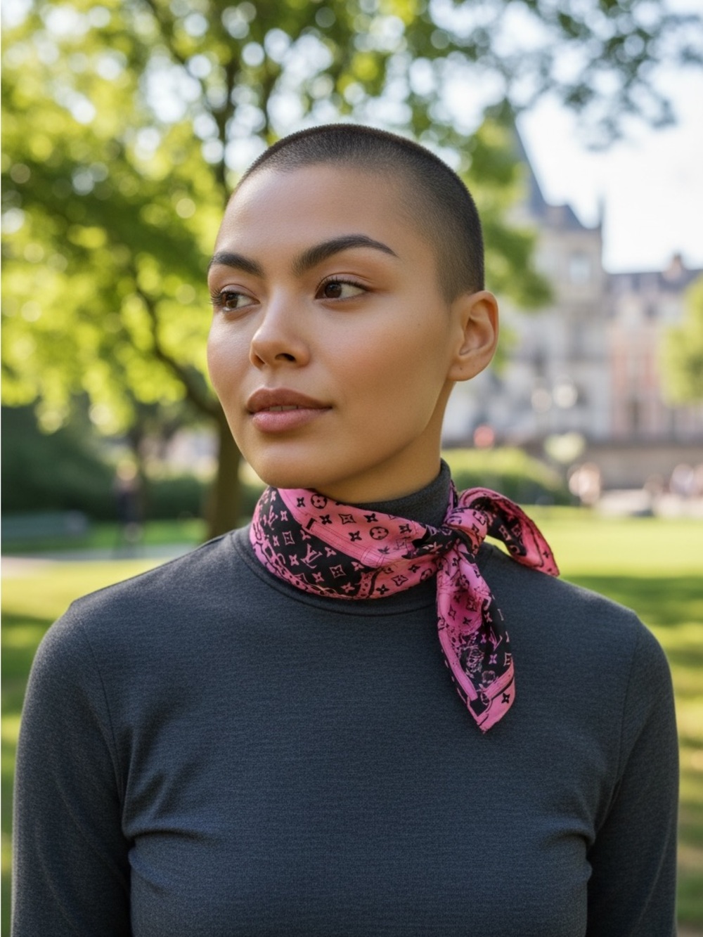 New- Louis Vuitton Rose Fluo Carre Monogram Pink Silk Scarf Model Number M77352 - Picture 5 of 6
